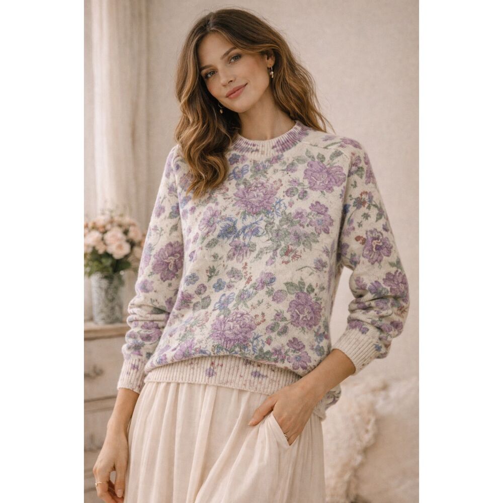 VTG Womens Knit Sweater Floral Sz L Coquette Wool Grandmacore Soft Girl